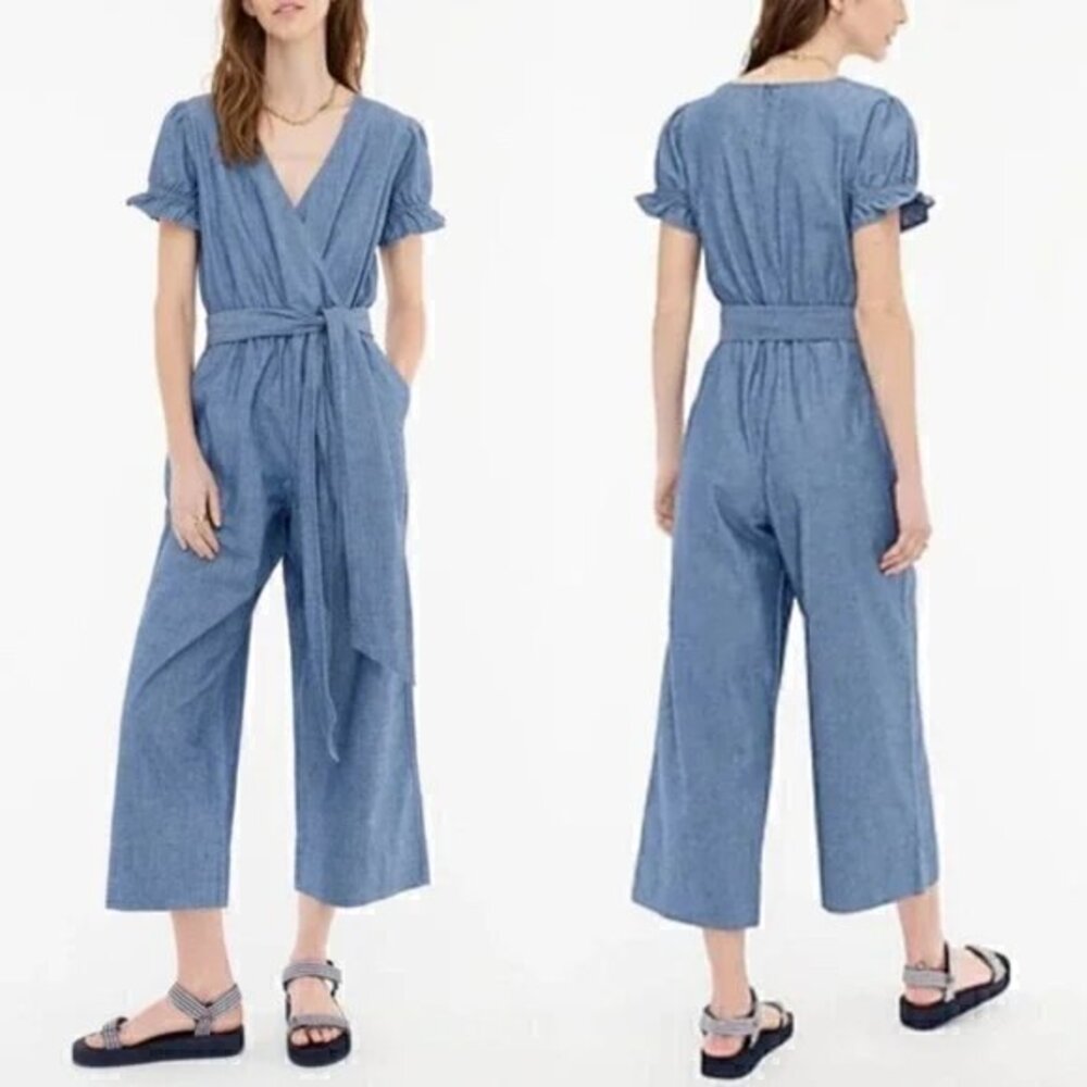 J. Crew Ruffle Chambray Jumpsuit Wide Leg 100% Cotton Size 00 Petite NWOT